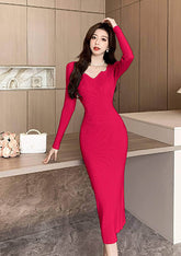 Long Sleeves Ribbed Knit Sweater Dress MAX SIZE / Crimson